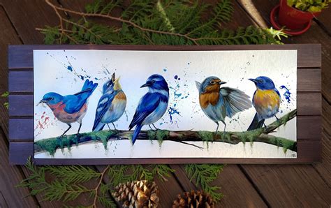 Birds On A Branch Colorful Bird Original Art Painting On Metal