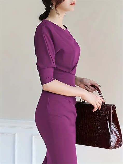 Solid Lantern Sleeve Split Dress Elegant Boat Neck Midi Temu United