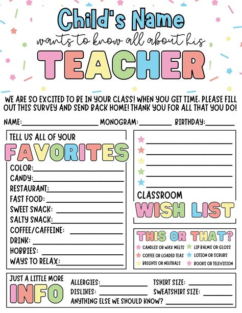 Customizable Teacher Favorites Form Personalized With Your Child's Name - Etsy