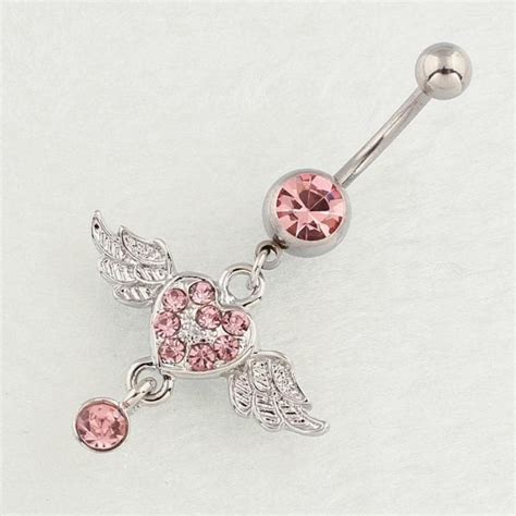 Surgical Stainless Steel Pink Rhinestone Inlaid Heart Wing Dangle Navel