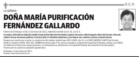 DOÑA MARÍA PURIFICACIÓN FERNÁNDEZ GALLARDO Esquela Necrológica El