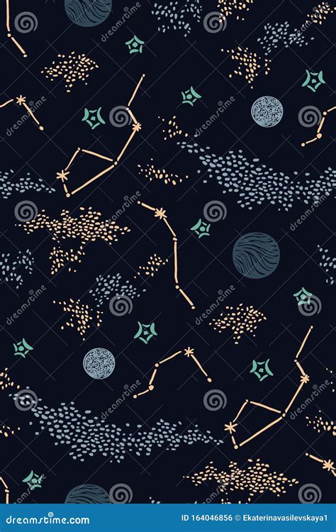 Hand Drawn Space Galaxy Vector Seamless Pattern Night Sky With Stars And Planets Endless Dark