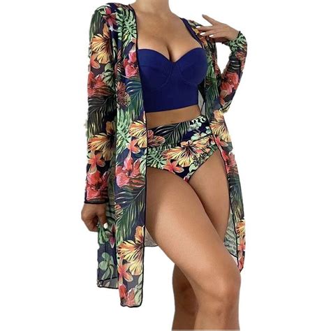 Wreesh Womens Piece Swimsuits Tropical Print Bikini Set With Kimono Beach Cover Ups With Chest