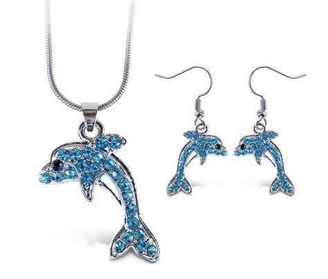 Puzzled Sparkling Dolphin Necklace And Earrings Set Ocean Sea Life