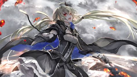 Wallpaper Blonde Anime Girls Sky Weapon Clouds Red Eyes