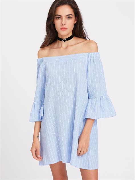 SHEIN Fluted Sleeve Pinstripe Off Shoulder Dress Off Shoulder Dress