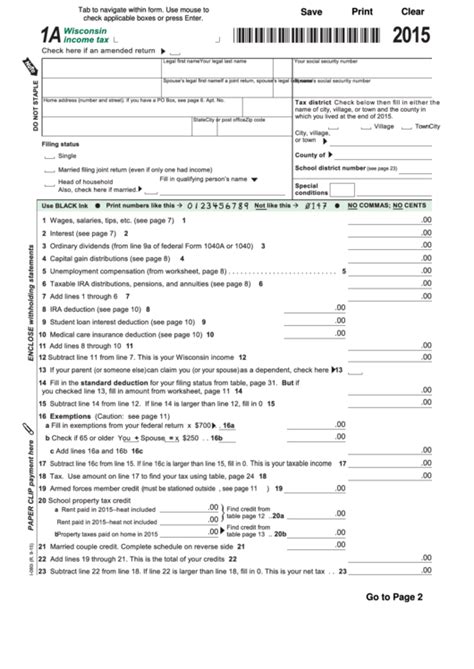 Fillable Form 1a Wisconsin Income Tax 2015 Printable Pdf Download