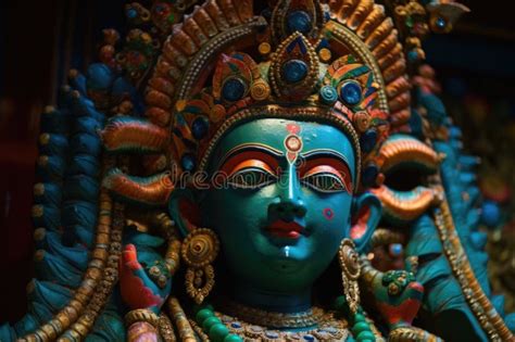 Close Up Of Colorful Statue Of Hindu Deity In Temple Stock Illustration