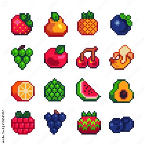 Fruits Icons Set Pixel Art Pineapple Pear Kiwi Apple Grape