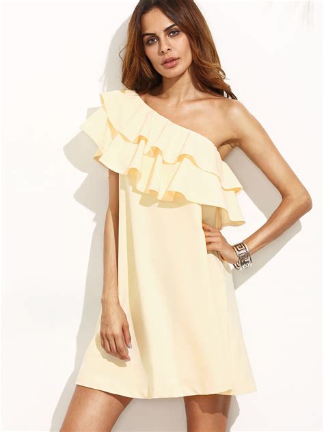 Apricot Ruffle One Shoulder Shift Dress SheIn Sheinside Dress P