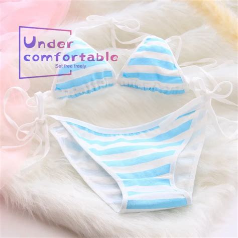Newest Freshness Japanese Style Lace Up Women Cotton Bikini Sets Bra Panties Suit Strips Printed
