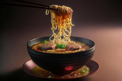 Premium Ai Image Close Up Ramen Noodles In A Bowl That Include Of Meat Pork Ball And Miso Soup