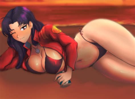 Katsuragi Misato Neon Genesis Evangelion Highres 1girl Ass Beach Bikini Black Bikini