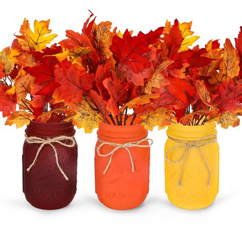 Whaline Fall Mason Jar Table Centerpiece With Faux Maple Leaves Set Of