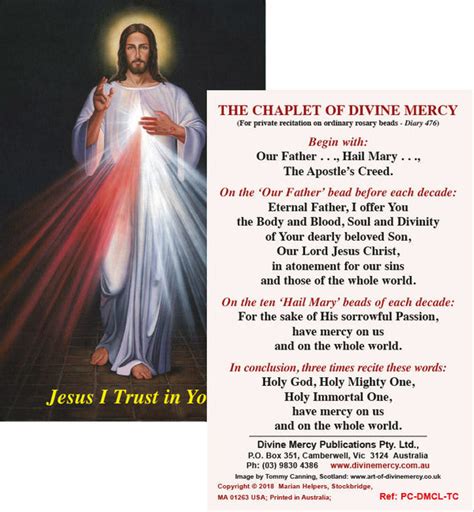 The Divine Mercy Chaplet Prayer Card Tommy Canning Divine Mercy