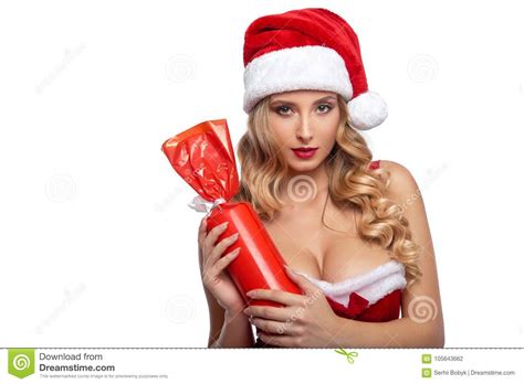 Gorgeous Blonde Female Wearing Christmas Outfit Posing With Stock Photo Image Of Festive