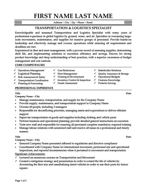 Transportation And Logistics Specialist Resume Template Premium Resume