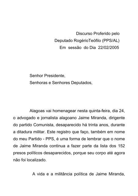 Discurso Proferido Pelo Deputado Rog Riote Filo Pps Al Em