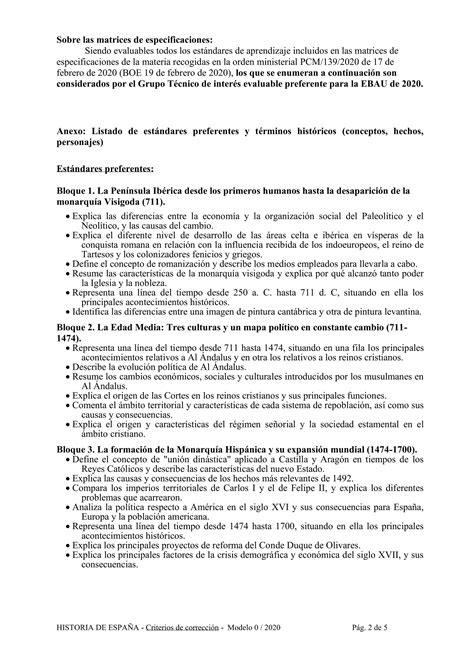 Historia De España En Cyl Ebau 2020 Criterios De Corrección Pdf