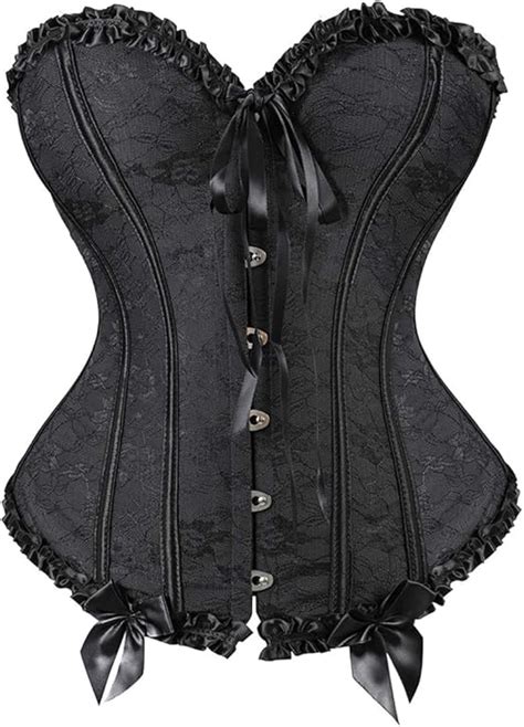 Amazon Womens Floral Black Lace Trim Corset Overbust Waist Cincher