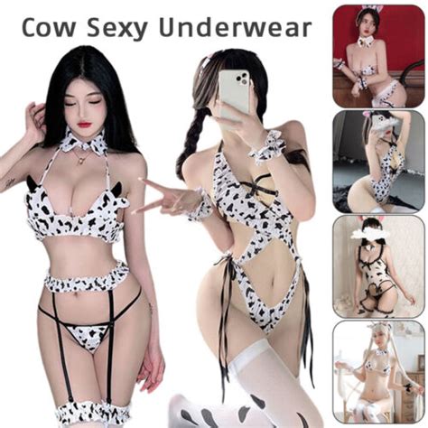 Women Sexy Cow Print Lingerie Cosplay Bodysuit Hollow Anime Uniform Stockings Ebay