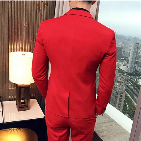 Red Slim Fit Three Piece Mens Vest For Wedding With Peaked Lapel For