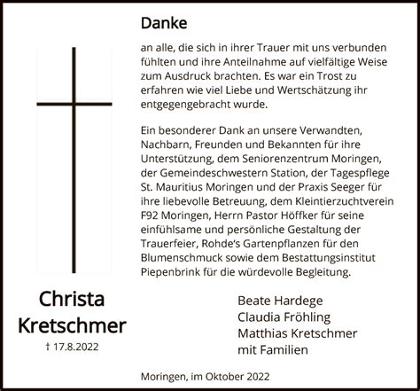 Traueranzeigen Von Christa Kretschmer Trauer HNA De