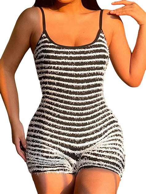 Wdirara Womens Striped Spaghetti Strap Sleeveless Scoop Neck Fuzzy