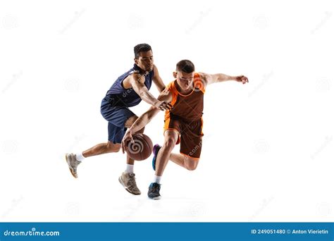 Portrait Of Two Basketball Players In Motion Training Playing