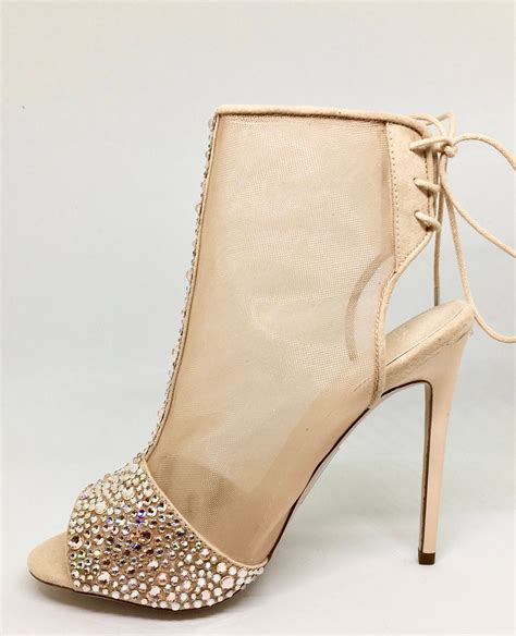 Swarovski Heels Nude Mesh Peep Toe Booties Statement Shoes Etsy Uk