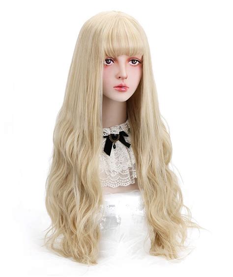 Amazon Styler Long Blonde Synthetic Wig With Bangs Natural Long Wavy Cosplay Wigs For