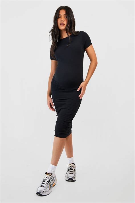 Maternity Crinkle Rib Ruched Short Sleeve Bodycon Dress Boohoo