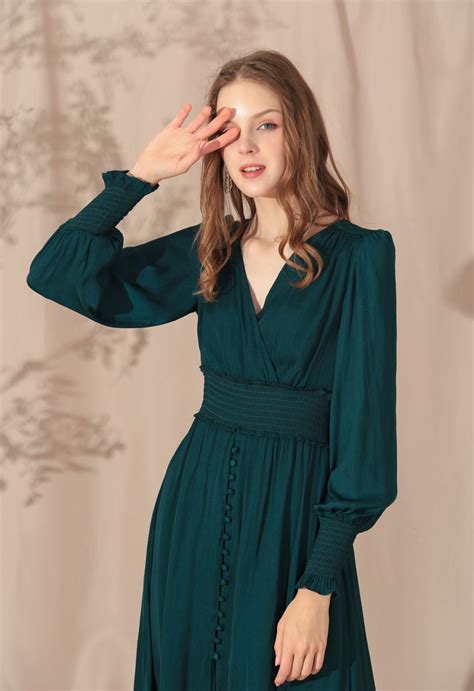 Satin Button Down Wrap Midi Dress In Dark Green Retro Indie And Unique Fashion