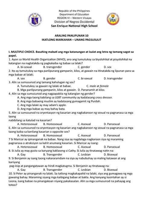 Aralpan Q3 1 Gender Sex Araling Panlipunan 10 Ikatlong Markahan Unang Pagsusulit I