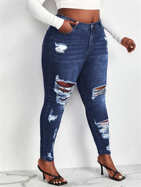 Plus High Waist Ripped Skinny Jeans Shein Usa