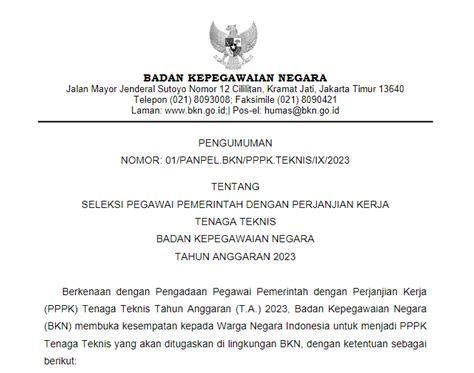 PENGUMUMAN SELEKSI PPPK TENAGA TEKNIS BKN TAHUN 2023 SELEKSI CASN