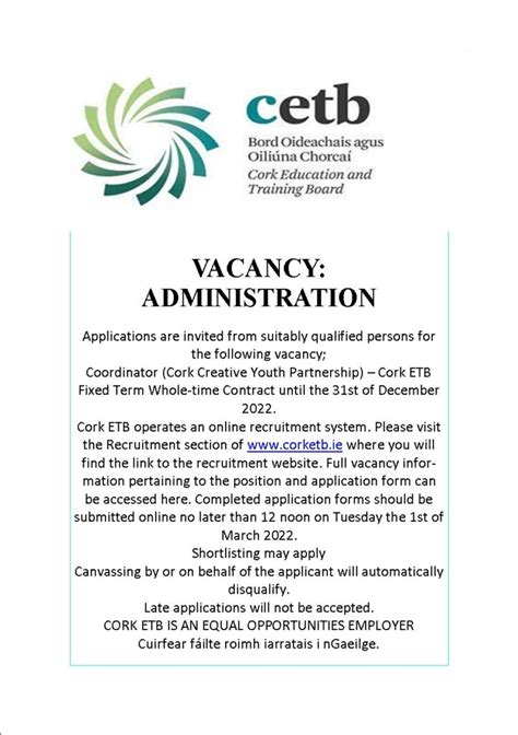 Vacancy: Cork ETB Administration - Cumann Na Daoine