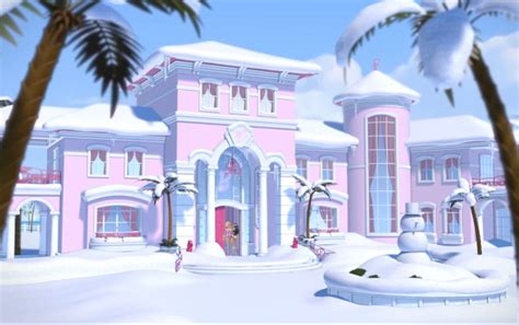 a pink house with palm trees and snow on the ground