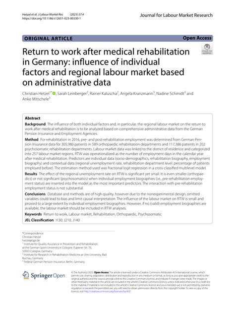 Pdf Return To Work After Medical Rehabilitation In Germany Influence