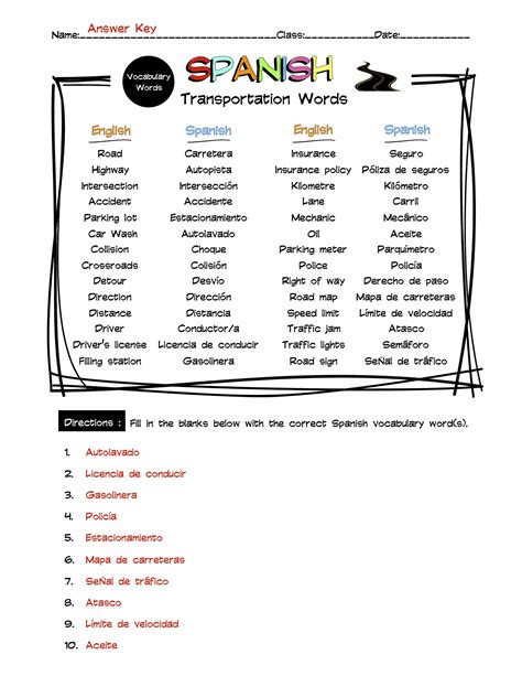 Spanish Types Of Transportation Vocabulary Word List Worksheet And Answer