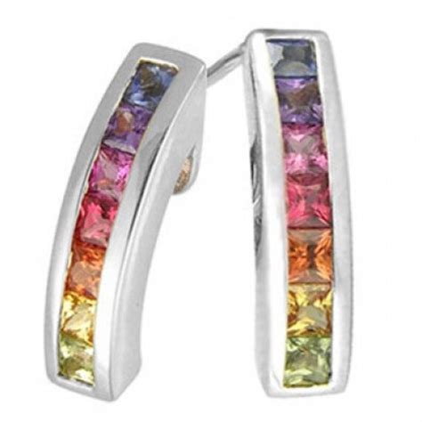 Multicolor Rainbow Sapphire Earrings Hoop Huggie 14k White