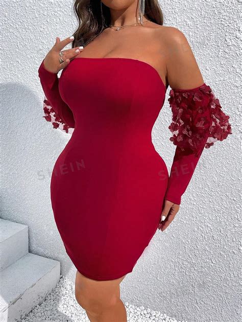 SHEIN Belle Plus Size Elegant Slim Fit Off Shoulder Net Yarn 3D