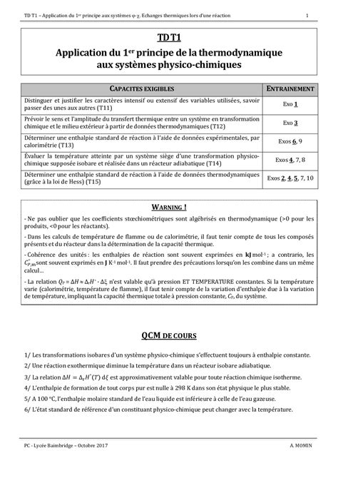 Exercices Application Du Premier Principe De La Thermodynamique