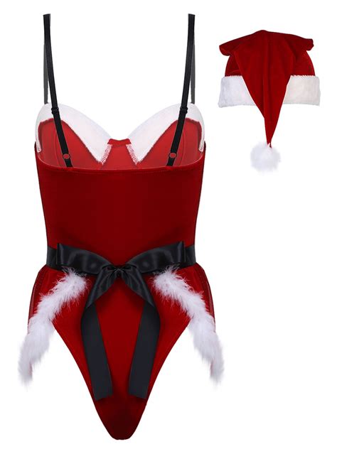 Femme Costume de Mère Noël Lingerie Bodysuit Jupe et Bonnet Déguisement