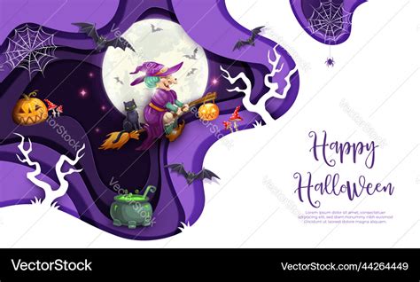 Halloween Paper Cut With Witch Flying On Broom Vector Image