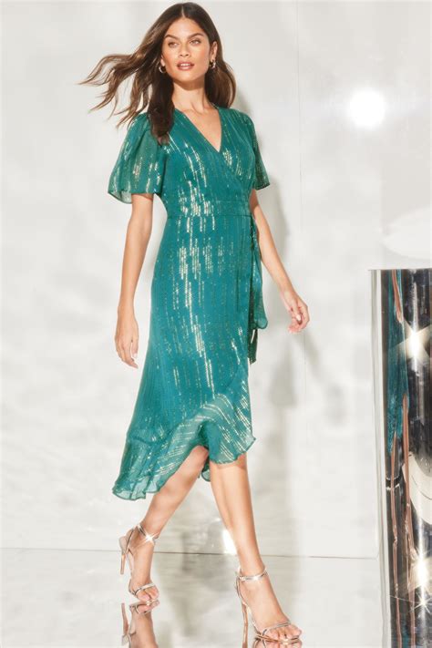 Buy Lipsy Teal Blue Metallic Flutter Sleeve Ruffled Wrap Midi Dress