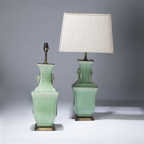 Pair Of Medium Pale Green Celadon Glazed Ceramic Lamps On Distressed