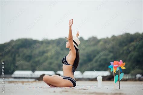Sexy Beautiful Asian Woman On Beach Summer Vacation In Bikini Sitting On Sand In Holiday Stock