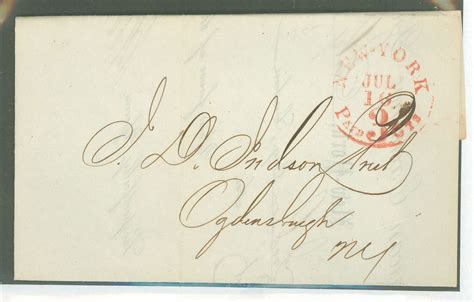 US 1855 New York Jul 16 Paid 3 Cts Stampless Cover From The