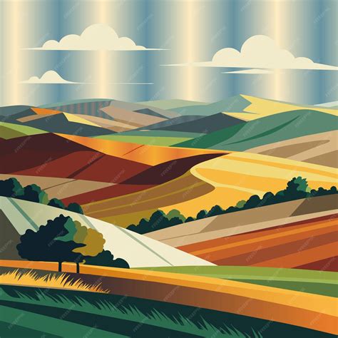 Premium Vector | A painting of a landscape with a tree and a hill in the background